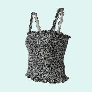 Old Navy Women's M Smocked Floral Ruffle Strap Cropped Cami Top Navy White